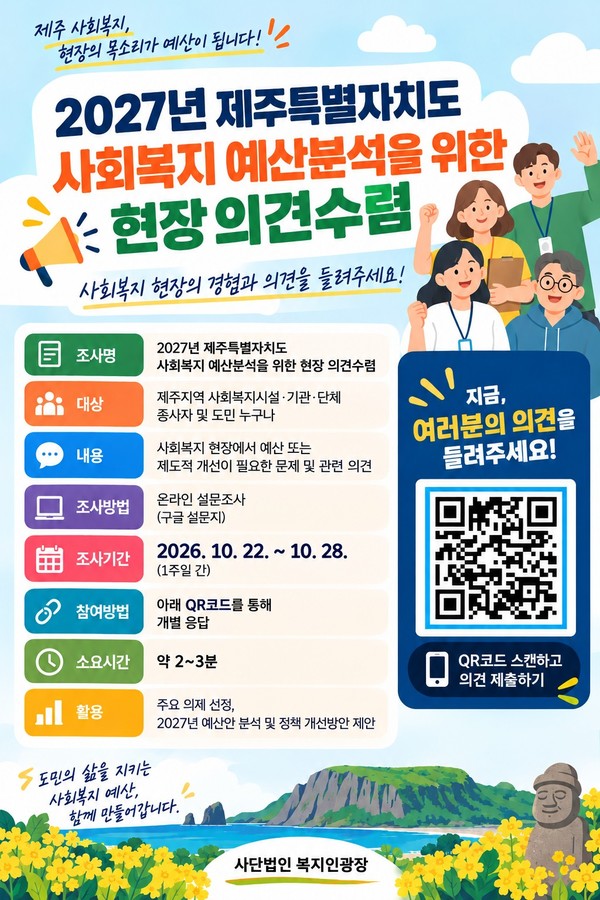 2027년 제주특별자치도 사회복지 예산분석을 위한 현장 의견수렴 홍보 포스터 [사진제공=사단법인 복지인광장]